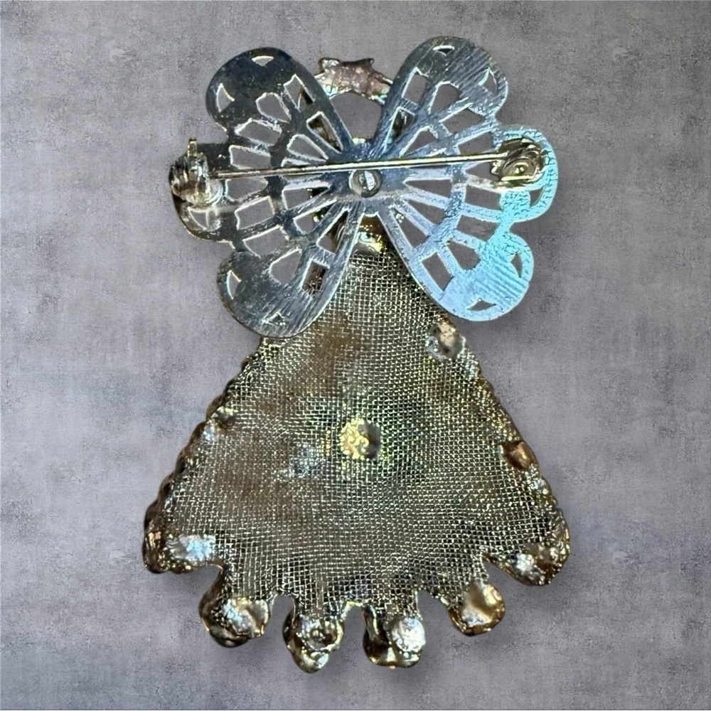 Vintage Silver-Tone Angel Brooch with Mesh & Blue Rhinestones